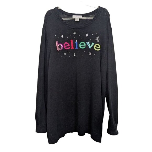 CJ Banks Believe Sweater Womens Size 2X Black Embellished Christmas Holiday Knit - Picture 1 of 9